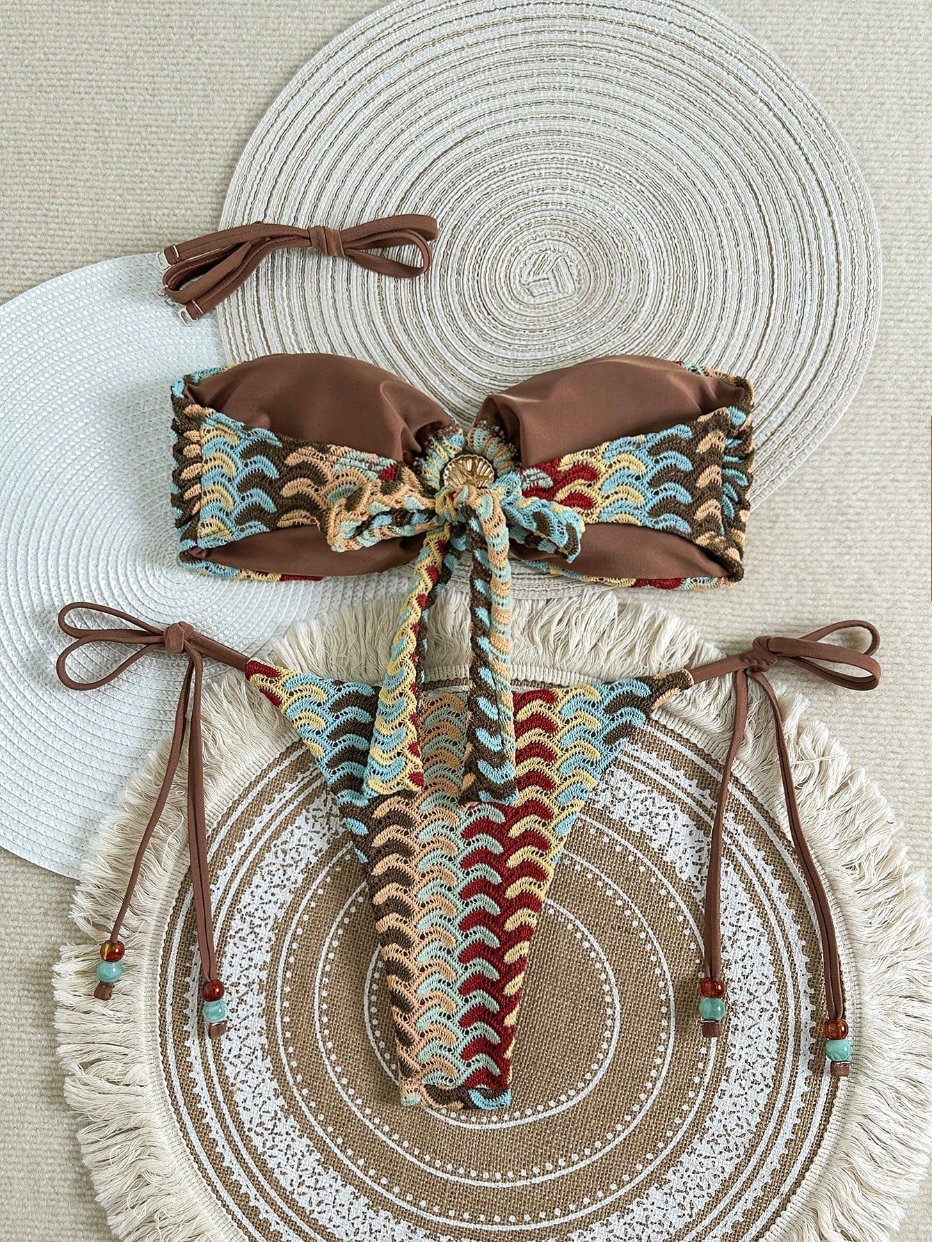 Swim Vcay Women's 2-Piece Beige Summer Boho Beach Vacation Holiday Holiday Bikini Set,Colorful Hollow-Out Knit Crochet Starfish Decor Strapless Top & Bottoms