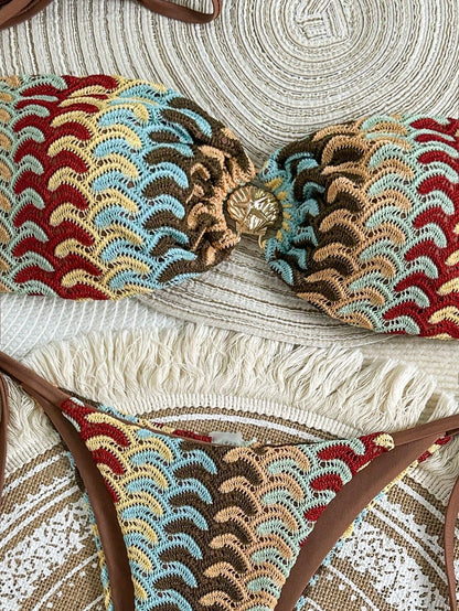 Swim Vcay Women's 2-Piece Beige Summer Boho Beach Vacation Holiday Holiday Bikini Set,Colorful Hollow-Out Knit Crochet Starfish Decor Strapless Top & Bottoms