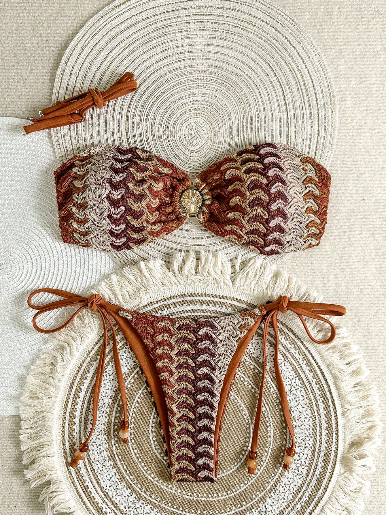 Swim Vcay Women's 2-Piece Beige Summer Boho Beach Vacation Holiday Holiday Bikini Set,Colorful Hollow-Out Knit Crochet Starfish Decor Strapless Top & Bottoms