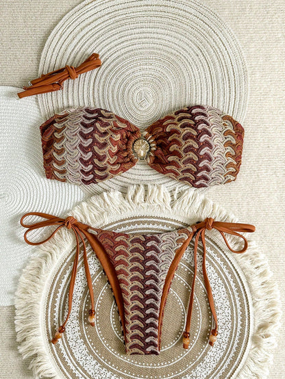 Swim Vcay Women's 2-Piece Beige Summer Boho Beach Vacation Holiday Holiday Bikini Set,Colorful Hollow-Out Knit Crochet Starfish Decor Strapless Top & Bottoms