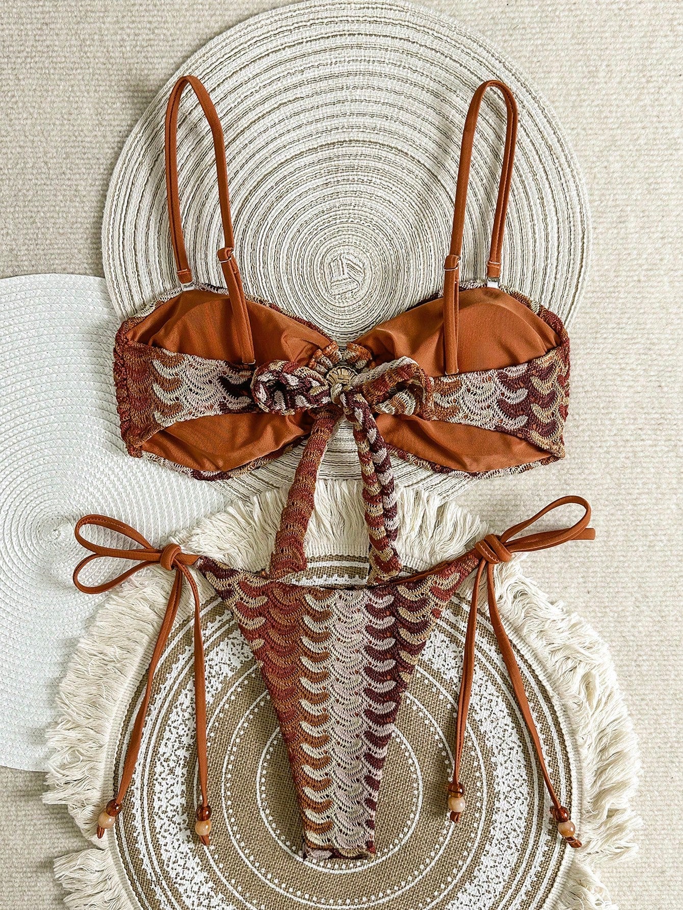 Swim Vcay Women's 2-Piece Beige Summer Boho Beach Vacation Holiday Holiday Bikini Set,Colorful Hollow-Out Knit Crochet Starfish Decor Strapless Top & Bottoms