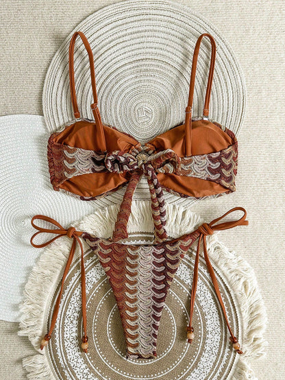 Swim Vcay Women's 2-Piece Beige Summer Boho Beach Vacation Holiday Holiday Bikini Set,Colorful Hollow-Out Knit Crochet Starfish Decor Strapless Top & Bottoms