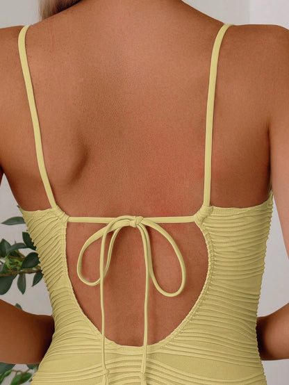 Swim Vcay Women's Beach One-Piece Swimsuit, Textured Fabric, Shell Decor, Scoop Back With Tie Detail, Slim Fit, Casual Resort Wear For Summer Beach Vacation