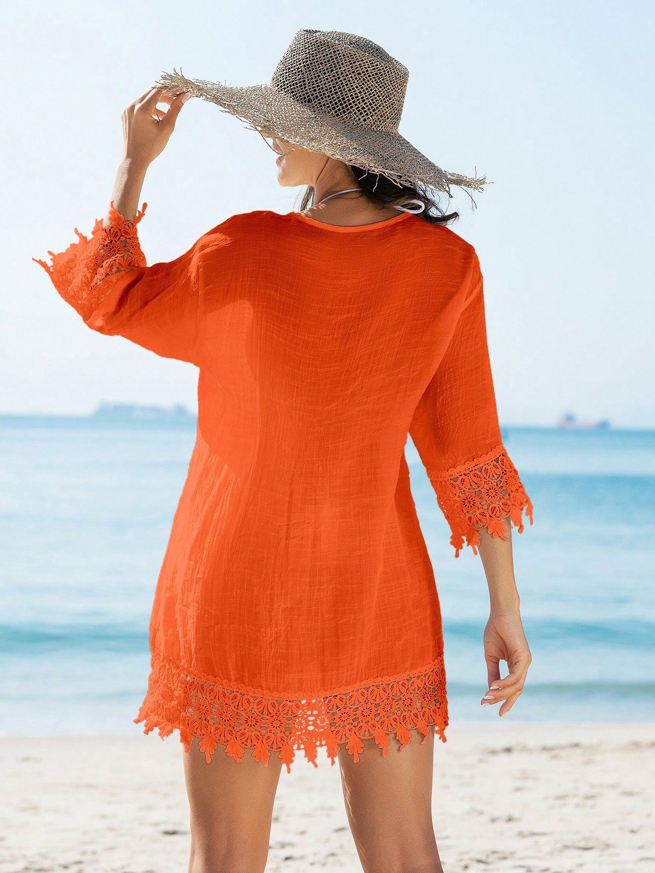 Swim Vcay Women's Floral Lace Trim Kimono Style Casual Vacation Beach Cover Up For Summer