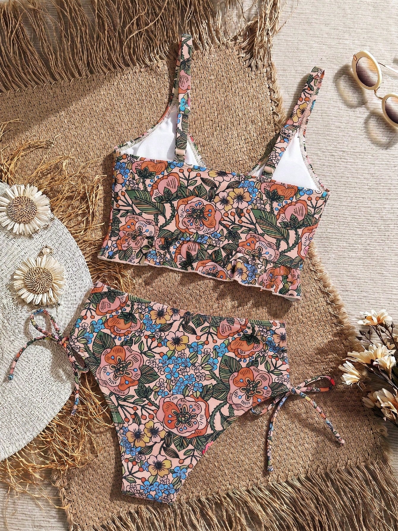 Swim Vcay Women's Summer Beach Holiday Tropical Floral Ruffle Sexy Camisole Bikini Top
