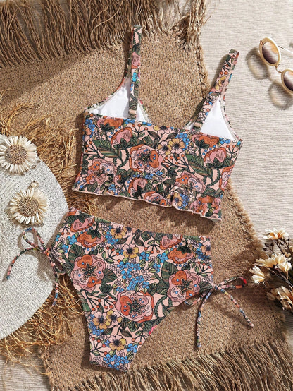 Swim Vcay Women's Summer Beach Holiday Tropical Floral Ruffle Sexy Camisole Bikini Top