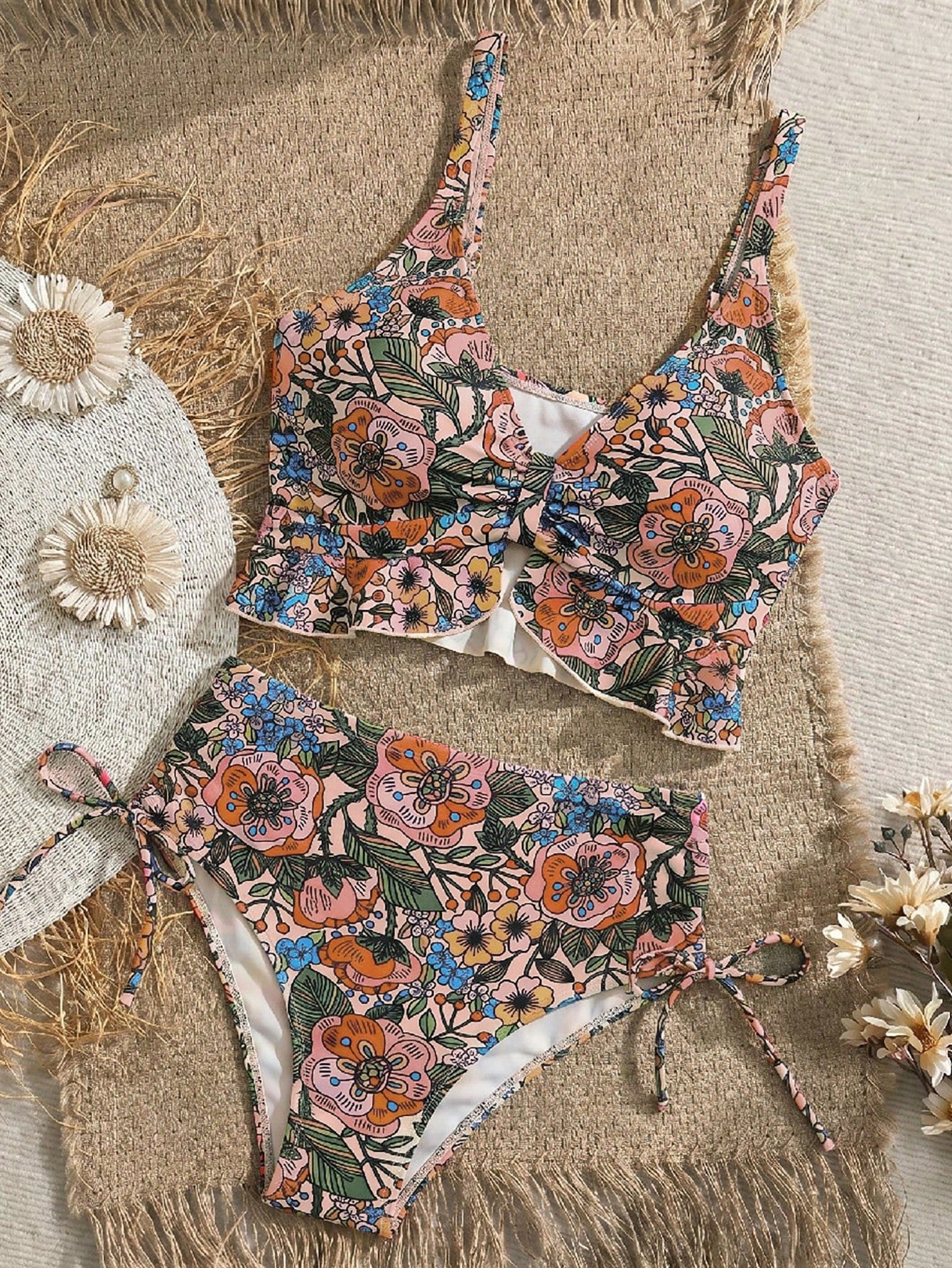 Swim Vcay Women's Summer Beach Holiday Tropical Floral Ruffle Sexy Camisole Bikini Top