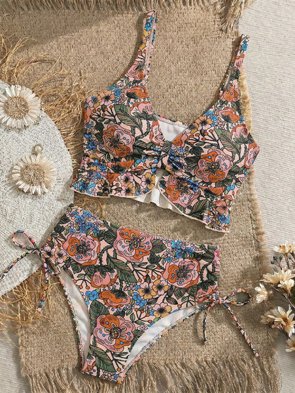 Swim Vcay Women's Summer Beach Holiday Tropical Floral Ruffle Sexy Camisole Bikini Top