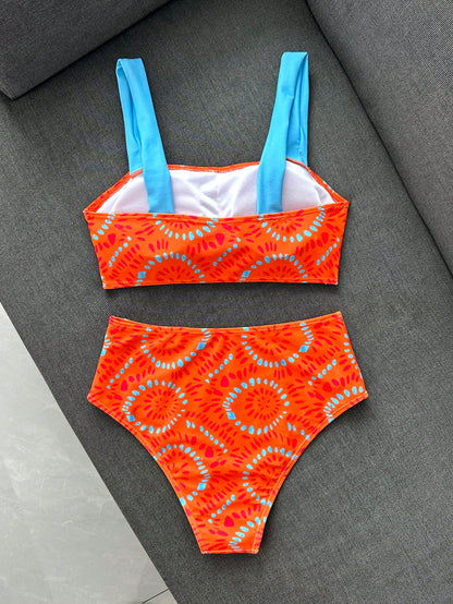 Swim Vcay Women's Summer Sexy Thick Shoulder Strap Tight Random Print High Waist Bikini Two Pieces Swimsuit, Casual Vacation Beach Wear