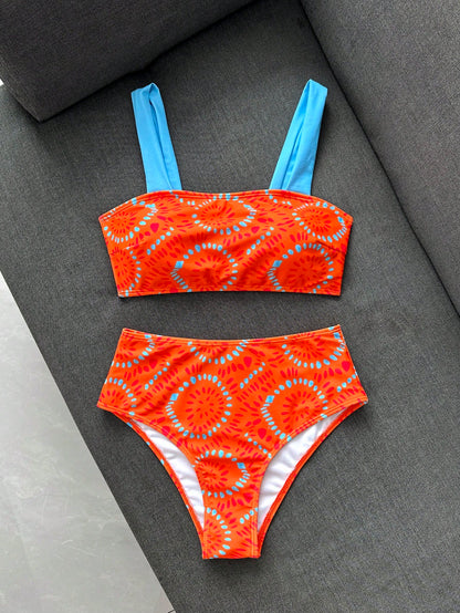 Swim Vcay Women's Summer Sexy Thick Shoulder Strap Tight Random Print High Waist Bikini Two Pieces Swimsuit, Casual Vacation Beach Wear