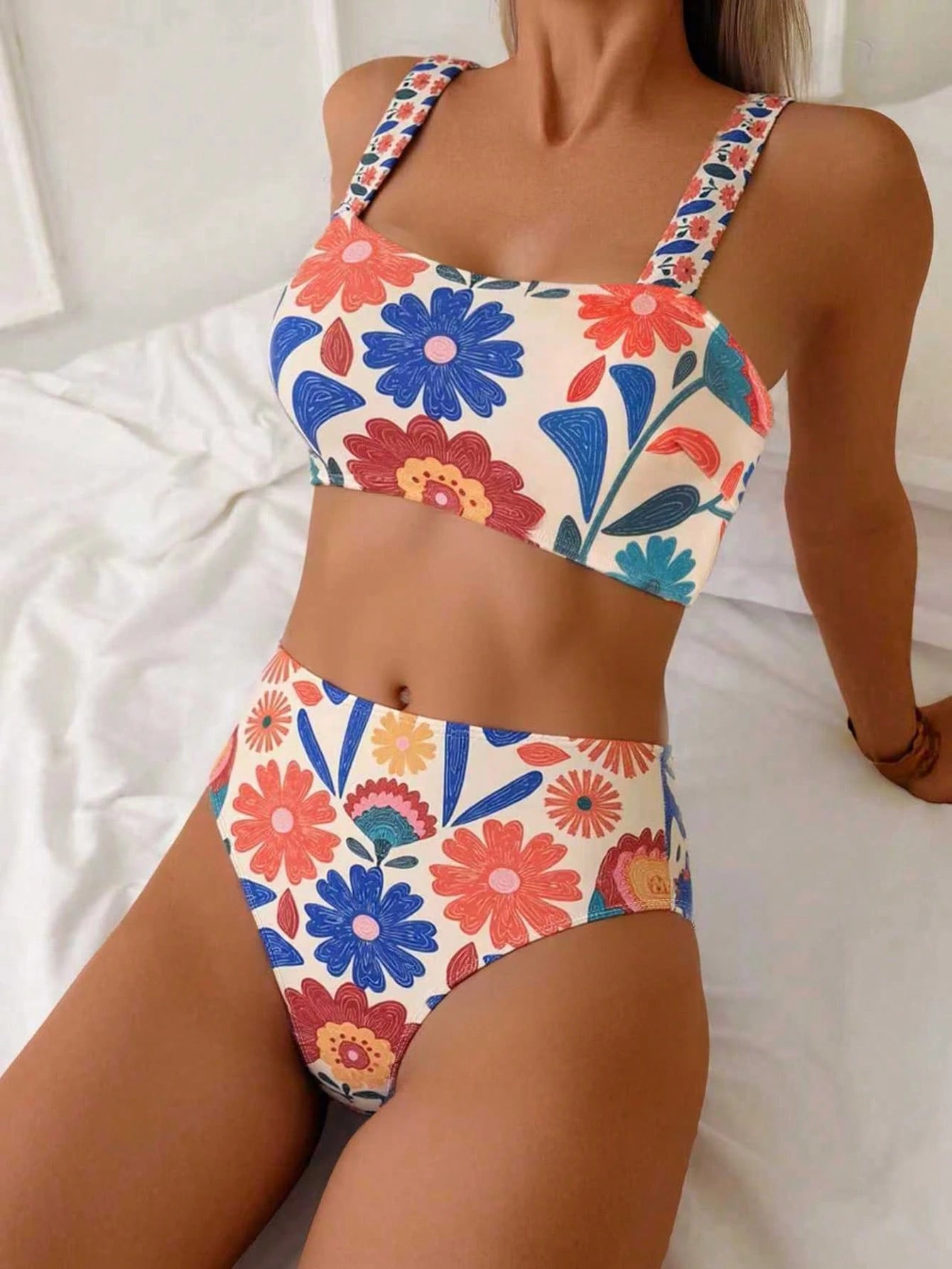 Swim Vcay Women's Summer Sexy Thick Shoulder Strap Tight Random Print High Waist Bikini Two Pieces Swimsuit, Casual Vacation Beach Wear