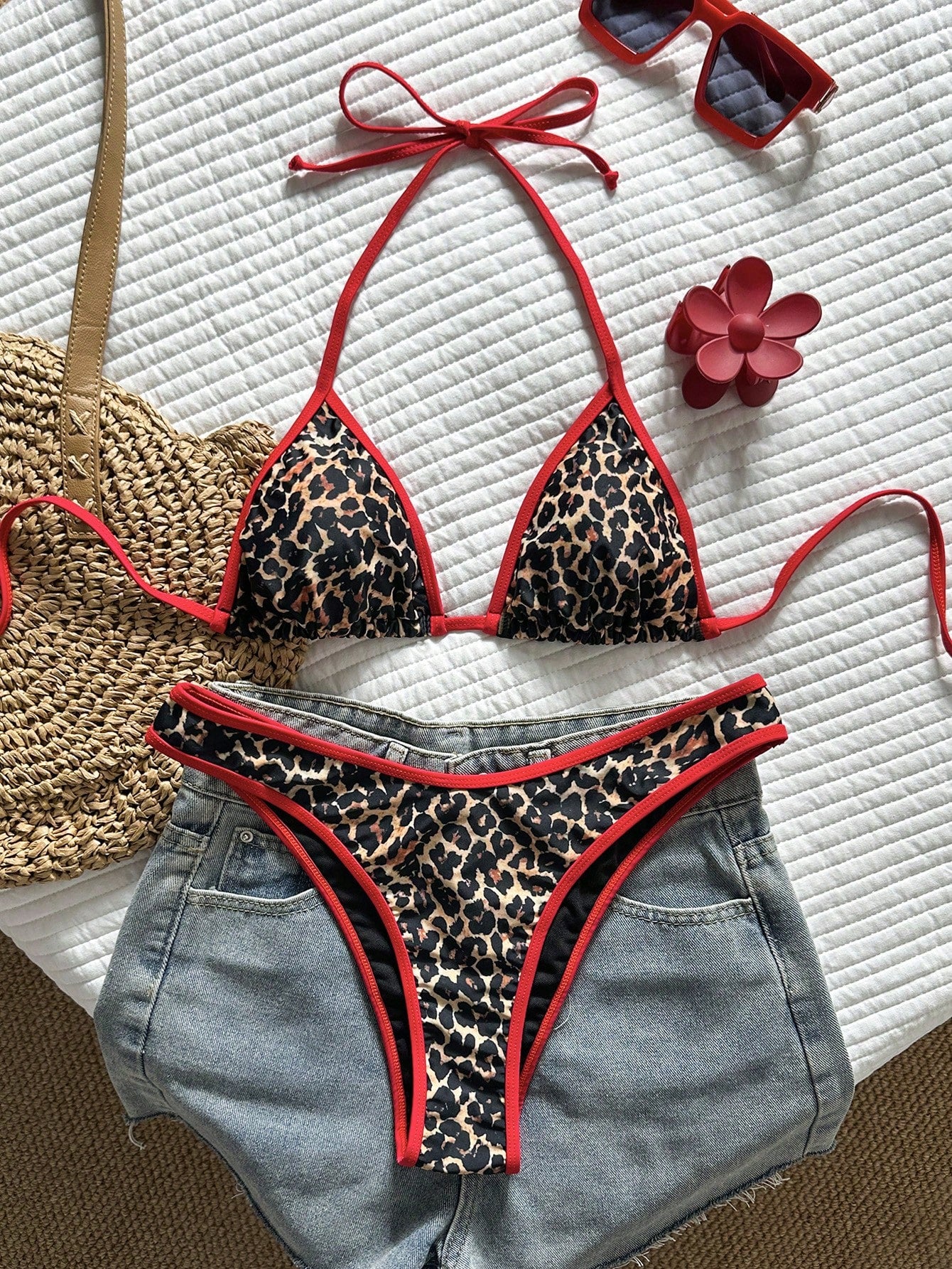 Swim Vcay Women's Tropical Leopard Print Halter Crop Top And Sexy Cheeky Bikini Bottom Swimwear Set