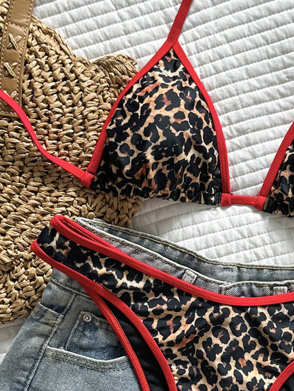 Swim Vcay Women's Tropical Leopard Print Halter Crop Top And Sexy Cheeky Bikini Bottom Swimwear Set