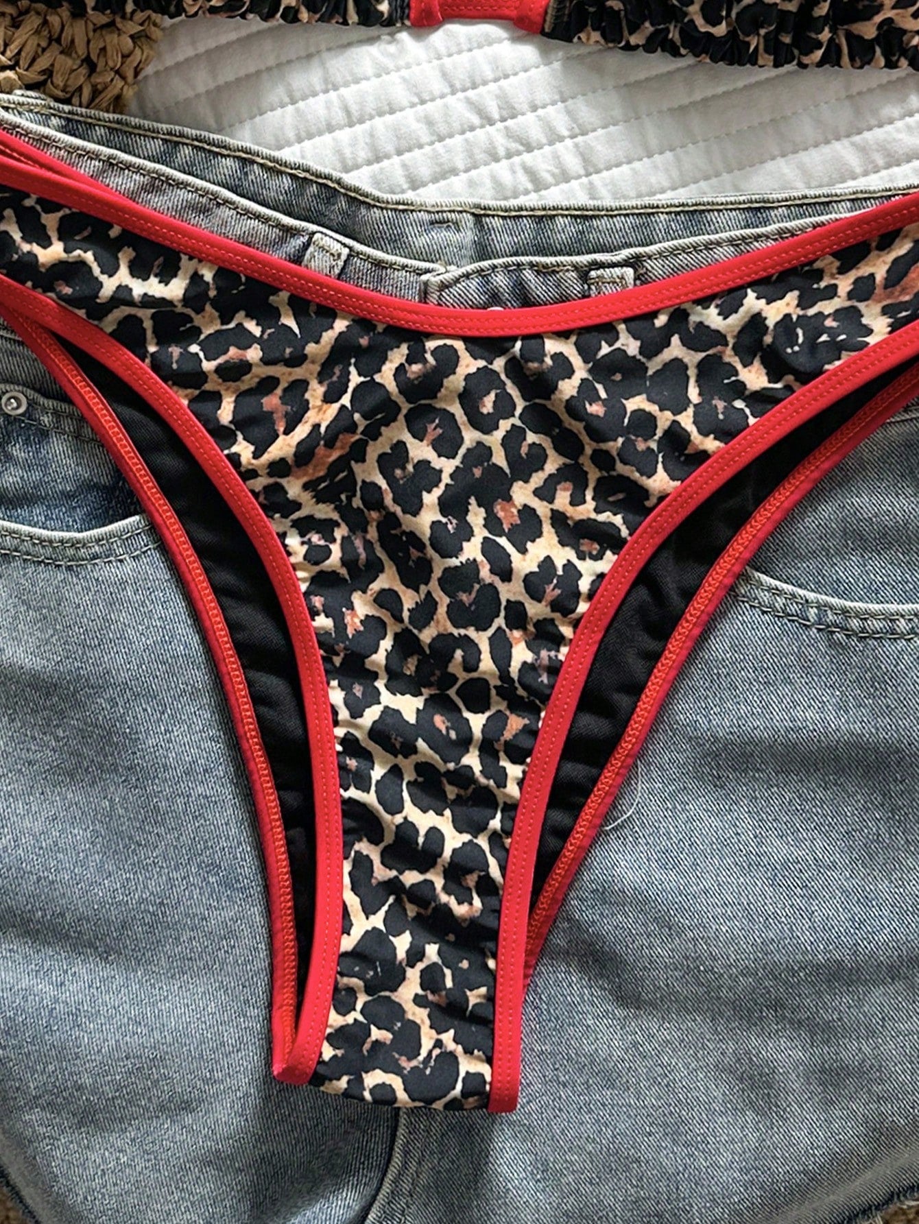 Swim Vcay Women's Tropical Leopard Print Halter Crop Top And Sexy Cheeky Bikini Bottom Swimwear Set
