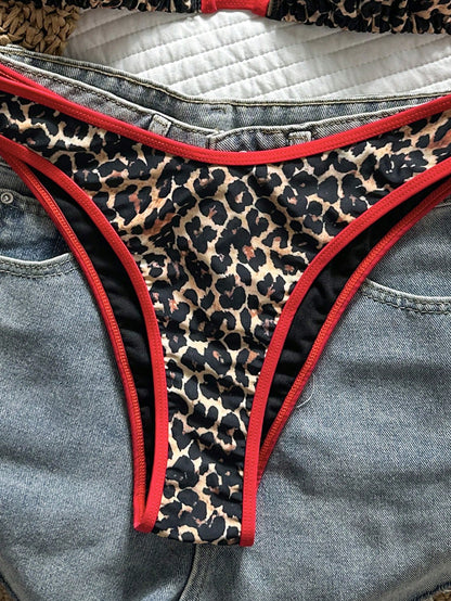 Swim Vcay Women's Tropical Leopard Print Halter Crop Top And Sexy Cheeky Bikini Bottom Swimwear Set