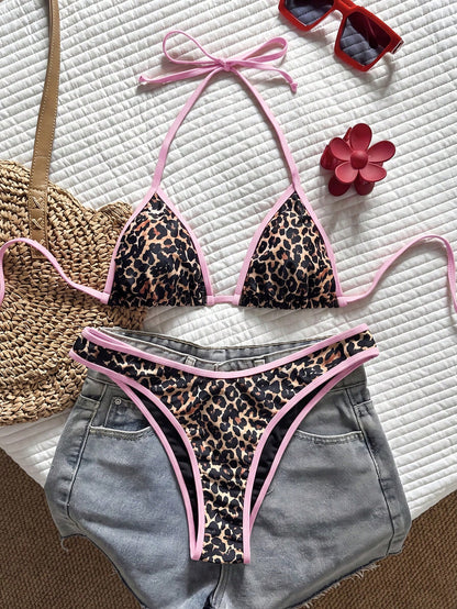 Swim Vcay Women's Tropical Leopard Print Halter Crop Top And Sexy Cheeky Bikini Bottom Swimwear Set