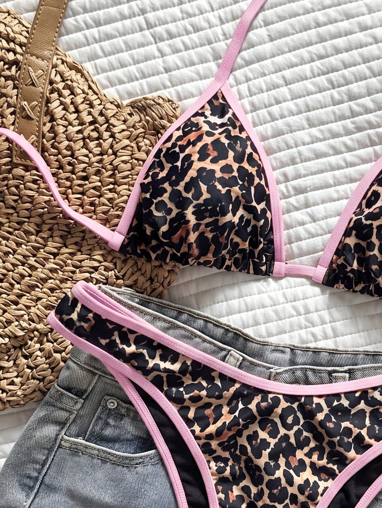 Swim Vcay Women's Tropical Leopard Print Halter Crop Top And Sexy Cheeky Bikini Bottom Swimwear Set