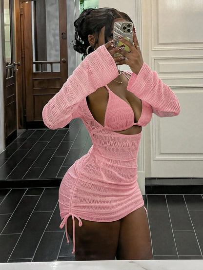 Swim Women Pink Summer Casual Beach Holiday Vacation Textured Fabric High Stretch Hollow Out Bodycon Dress One-Piece Swimsuit Cover Up