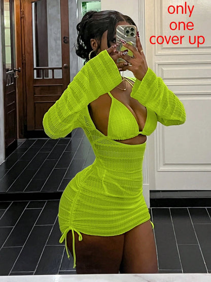 Swim Women Pink Summer Casual Beach Holiday Vacation Textured Fabric High Stretch Hollow Out Bodycon Dress One-Piece Swimsuit Cover Up