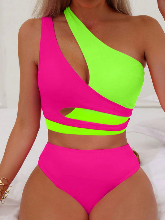 Swim Women's Summer Beach Colorblock Neon One Shoulder Bikini Set Bathing Suit