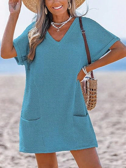 Swimsuit Coverup For Women Waffle Knit V Neck Short Sleeve Beach Coverup Dress With Pockets