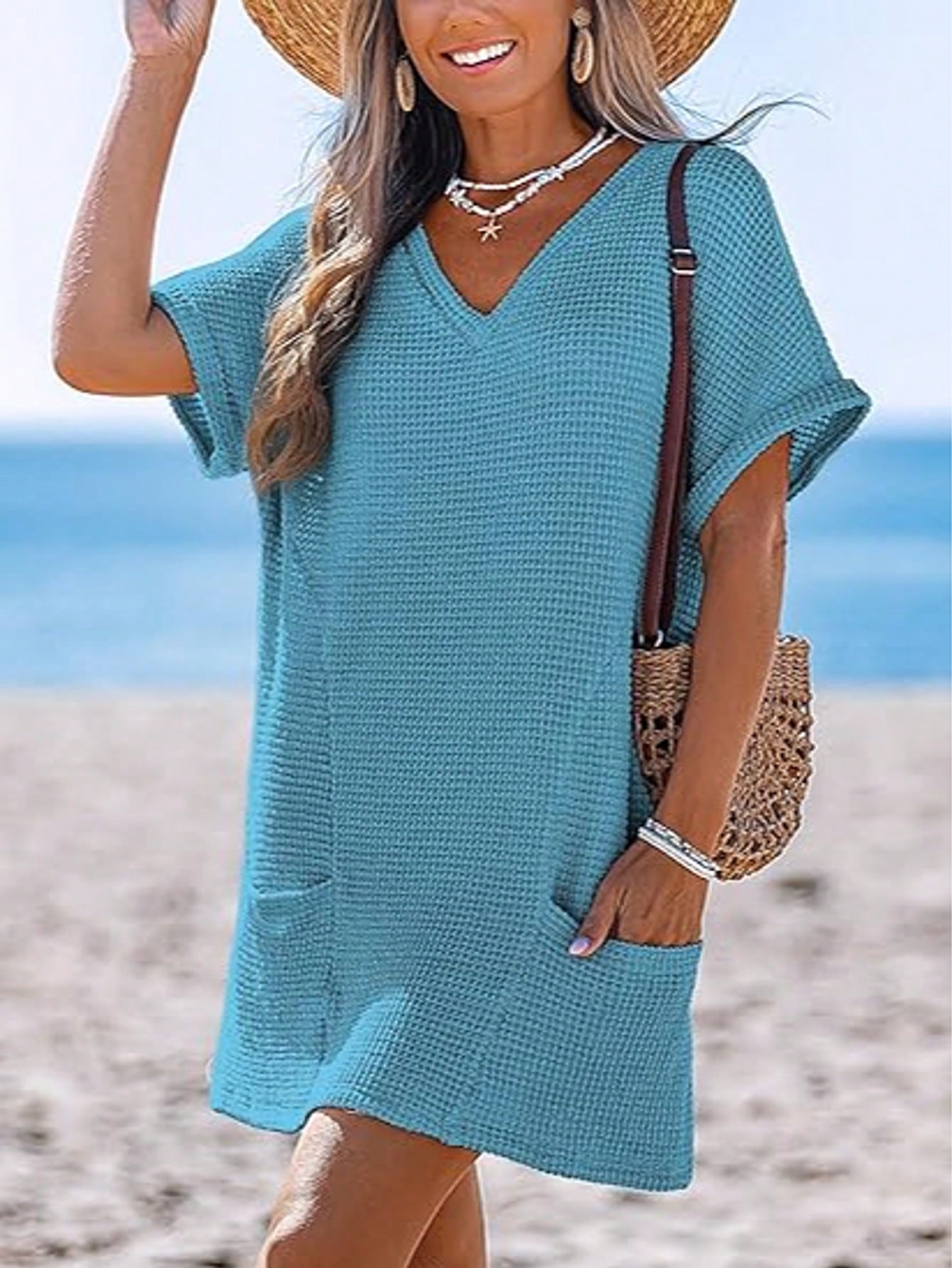 Swimsuit Coverup For Women Waffle Knit V Neck Short Sleeve Beach Coverup Dress With Pockets