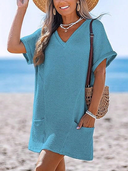 Swimsuit Coverup For Women Waffle Knit V Neck Short Sleeve Beach Coverup Dress With Pockets