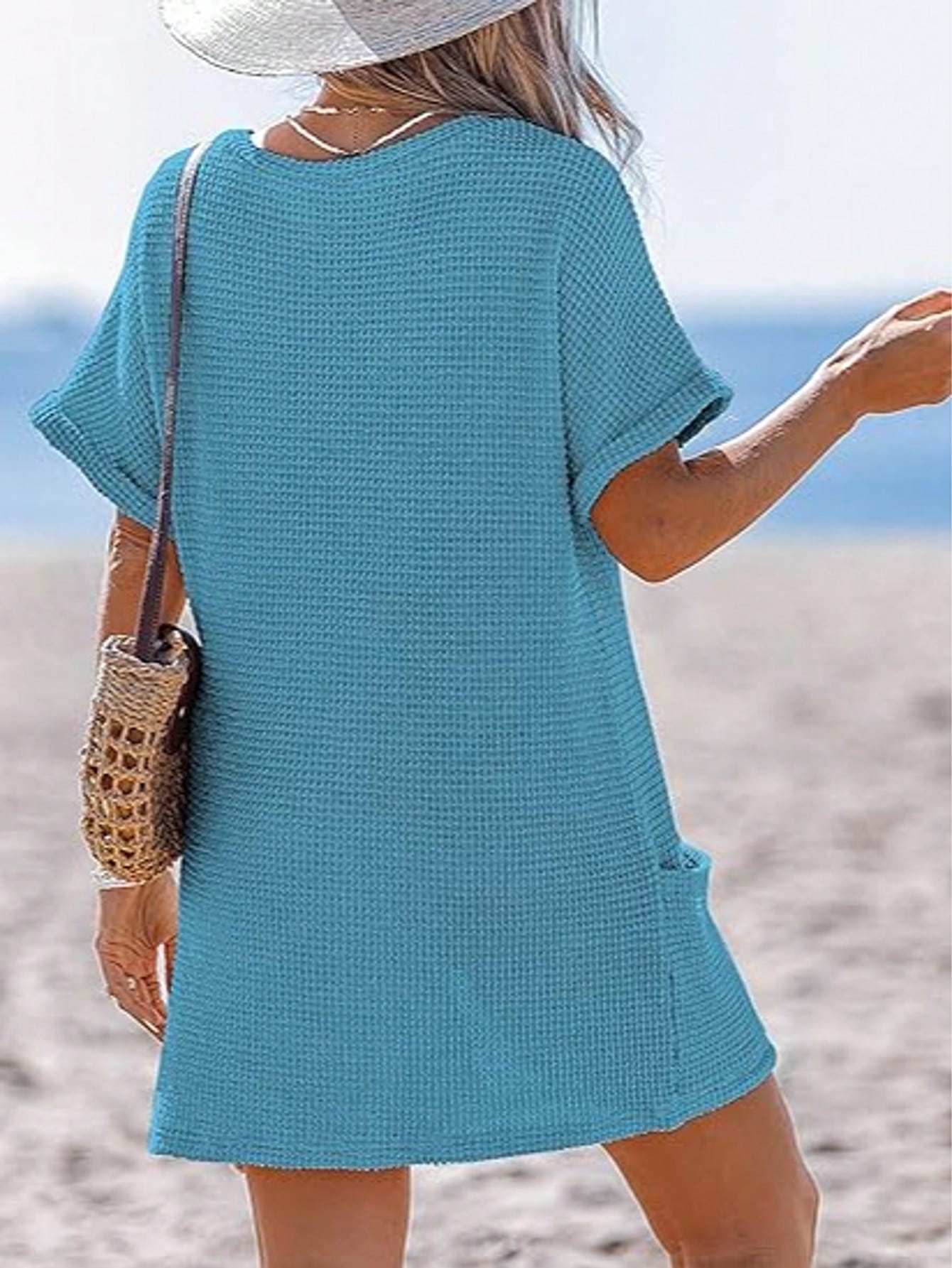 Swimsuit Coverup For Women Waffle Knit V Neck Short Sleeve Beach Coverup Dress With Pockets