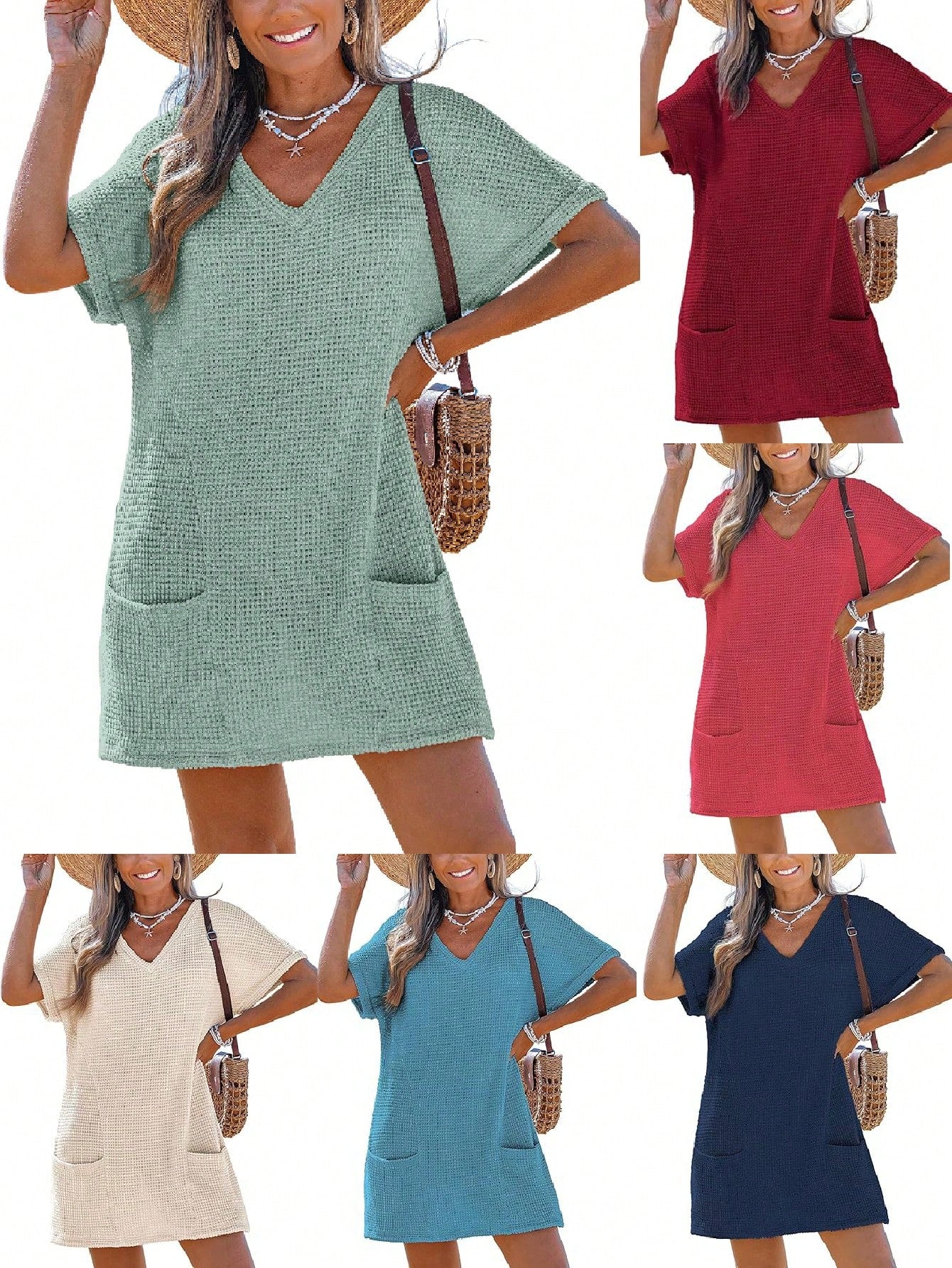 Swimsuit Coverup For Women Waffle Knit V Neck Short Sleeve Beach Coverup Dress With Pockets