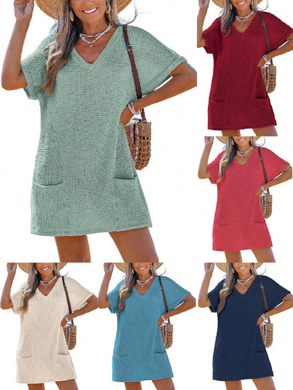 Swimsuit Coverup For Women Waffle Knit V Neck Short Sleeve Beach Coverup Dress With Pockets