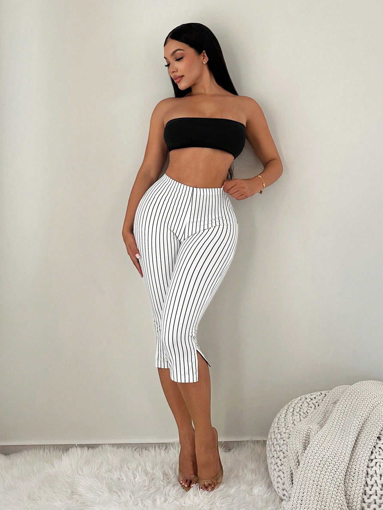 SXY Black And White Checkered Print High Waist Metal Slit Capri Leggings Commute Office Everyday Gym Panlakad Daily Summer Casual Sexy Capri Pants