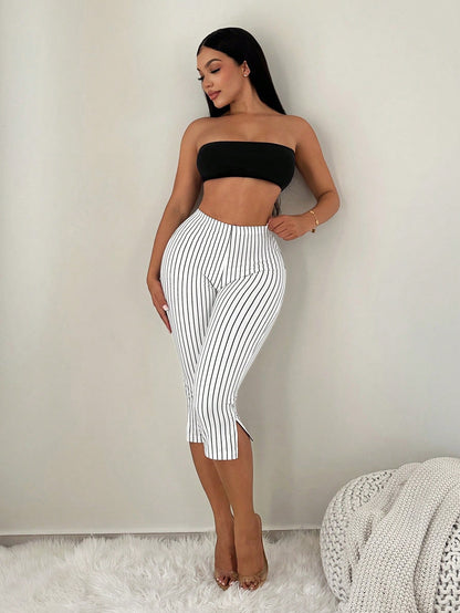 SXY Black And White Checkered Print High Waist Metal Slit Capri Leggings Commute Office Everyday Gym Panlakad Daily Summer Casual Sexy Capri Pants