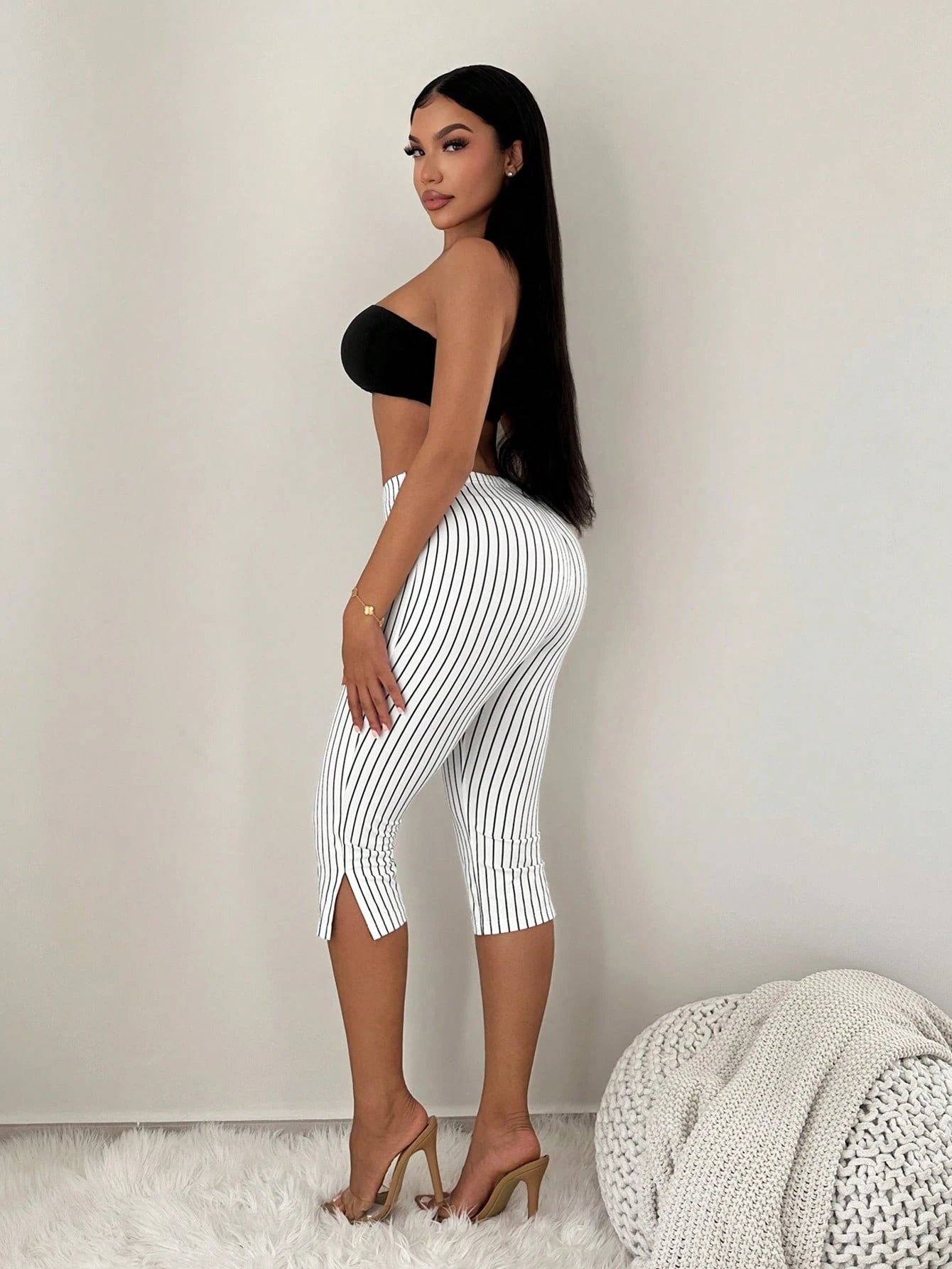 SXY Black And White Checkered Print High Waist Metal Slit Capri Leggings Commute Office Everyday Gym Panlakad Daily Summer Casual Sexy Capri Pants