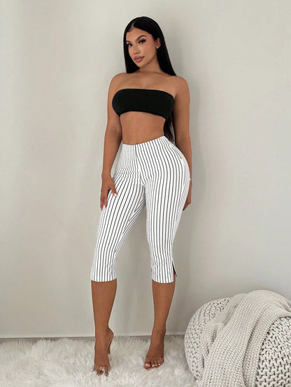 SXY Black And White Checkered Print High Waist Metal Slit Capri Leggings Commute Office Everyday Gym Panlakad Daily Summer Casual Sexy Capri Pants