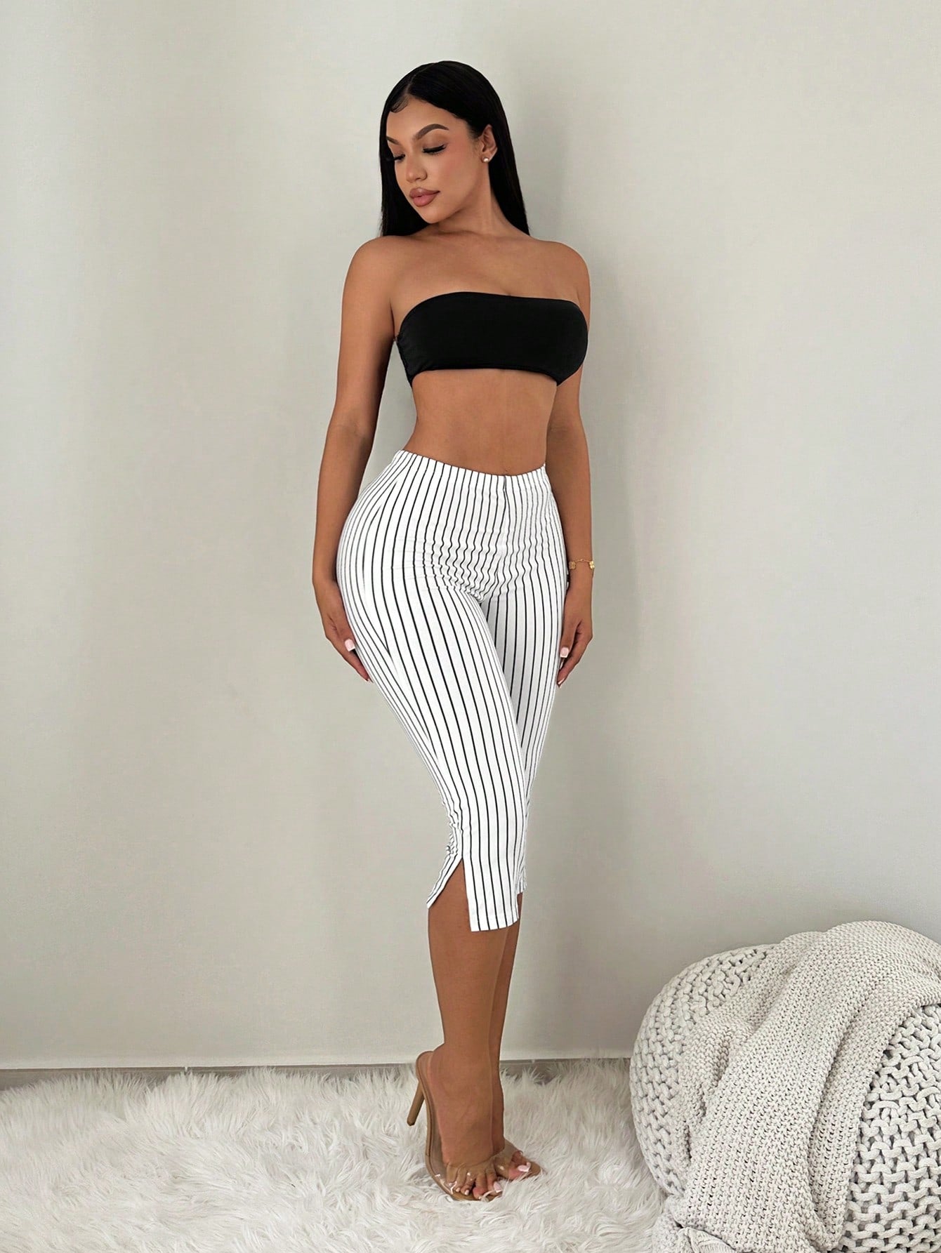 SXY Black And White Checkered Print High Waist Metal Slit Capri Leggings Commute Office Everyday Gym Panlakad Daily Summer Casual Sexy Capri Pants