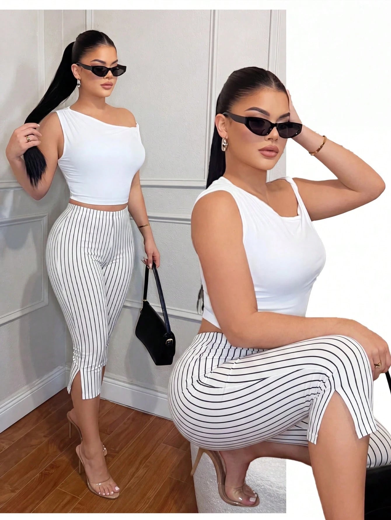 SXY Black And White Checkered Print High Waist Metal Slit Capri Leggings Commute Office Everyday Gym Panlakad Daily Summer Casual Sexy Capri Pants