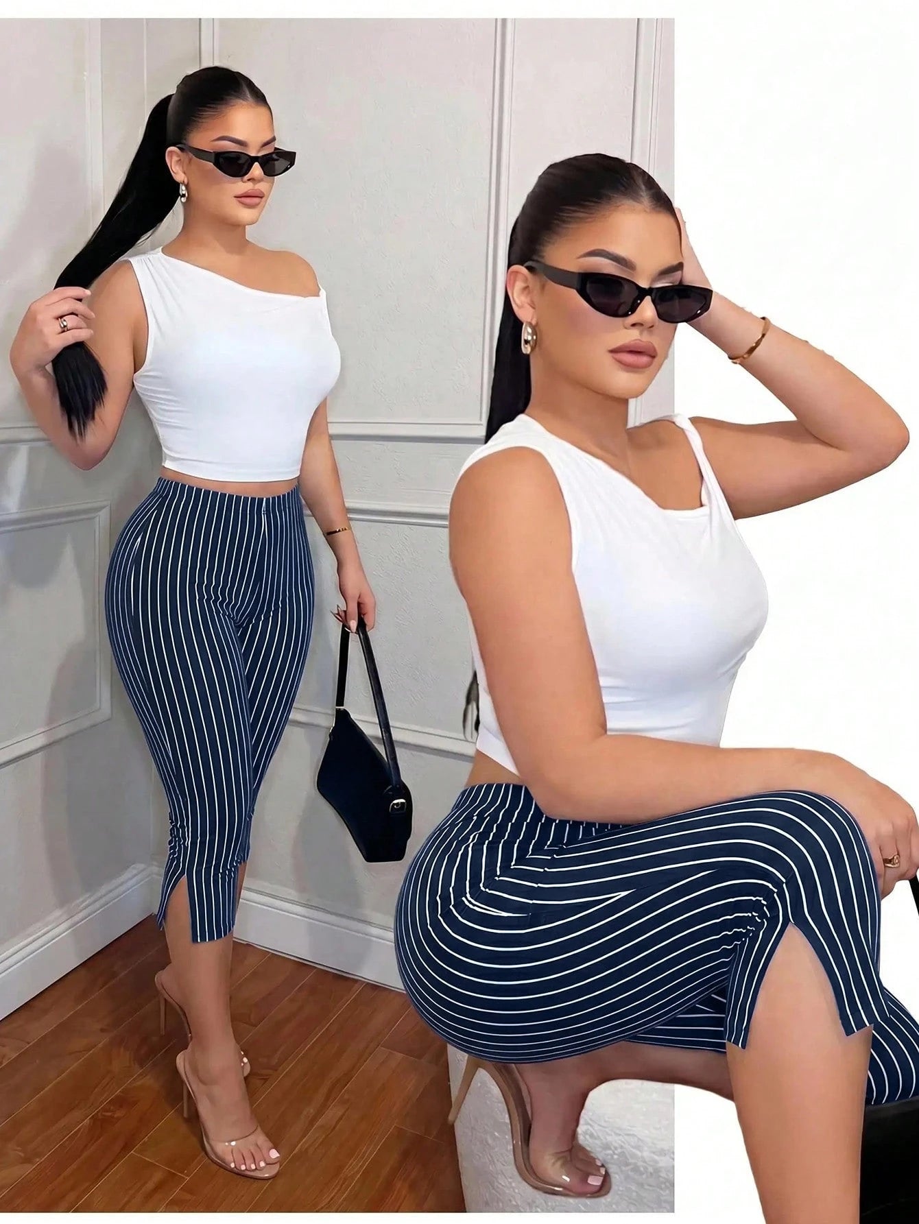 SXY Black And White Checkered Print High Waist Metal Slit Capri Leggings Commute Office Everyday Gym Panlakad Daily Summer Casual Sexy Capri Pants