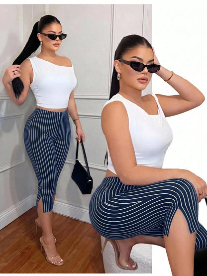SXY Black And White Checkered Print High Waist Metal Slit Capri Leggings Commute Office Everyday Gym Panlakad Daily Summer Casual Sexy Capri Pants