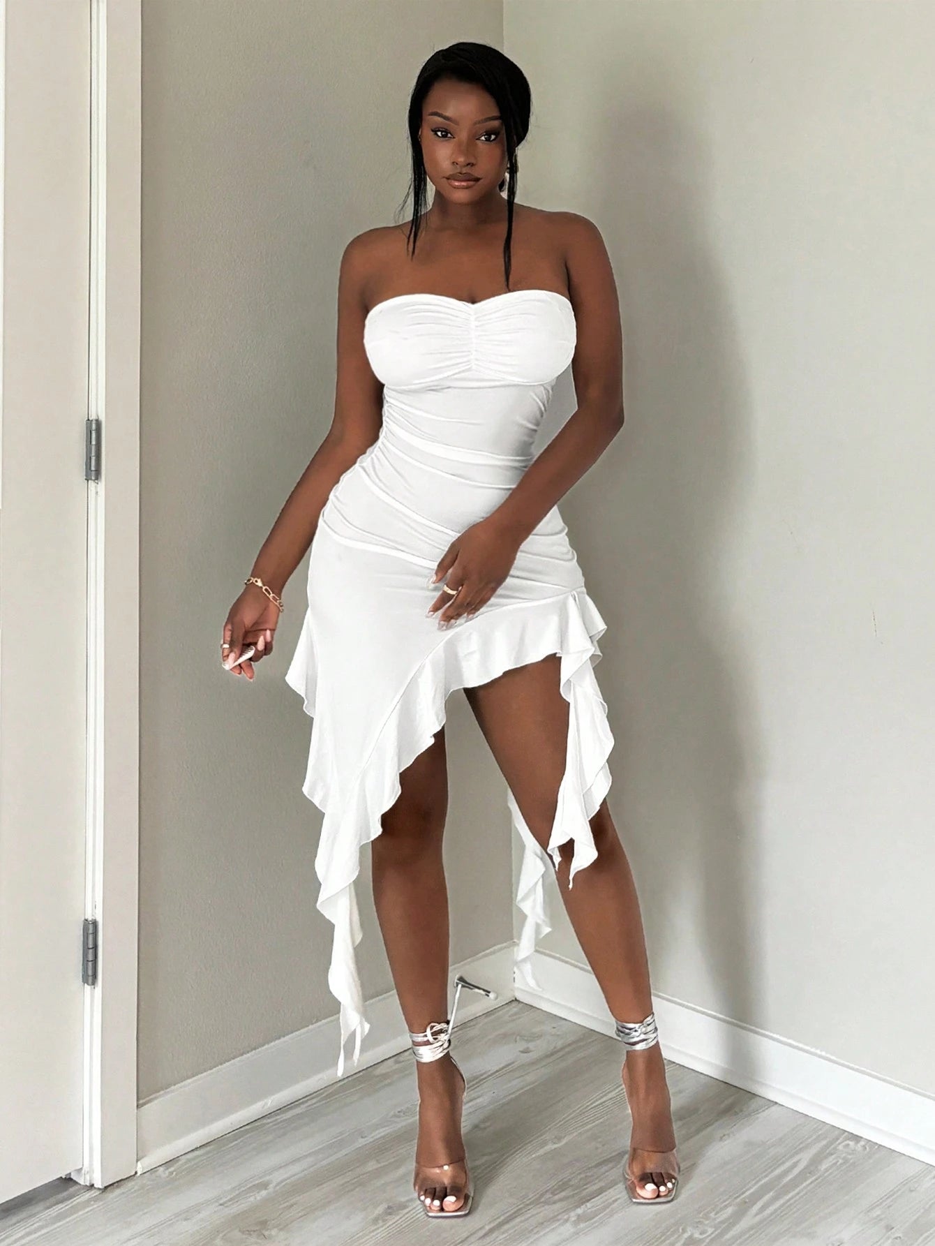 SXY Elegant White Summer Dress,Simple Solid Color Tube Ruffle Hem Design,Suitable For Party,Date Night,Birthday,Graduation,Vacation,Beach & Daily Wear