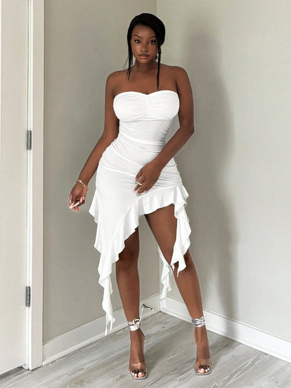 SXY Elegant White Summer Dress,Simple Solid Color Tube Ruffle Hem Design,Suitable For Party,Date Night,Birthday,Graduation,Vacation,Beach & Daily Wear