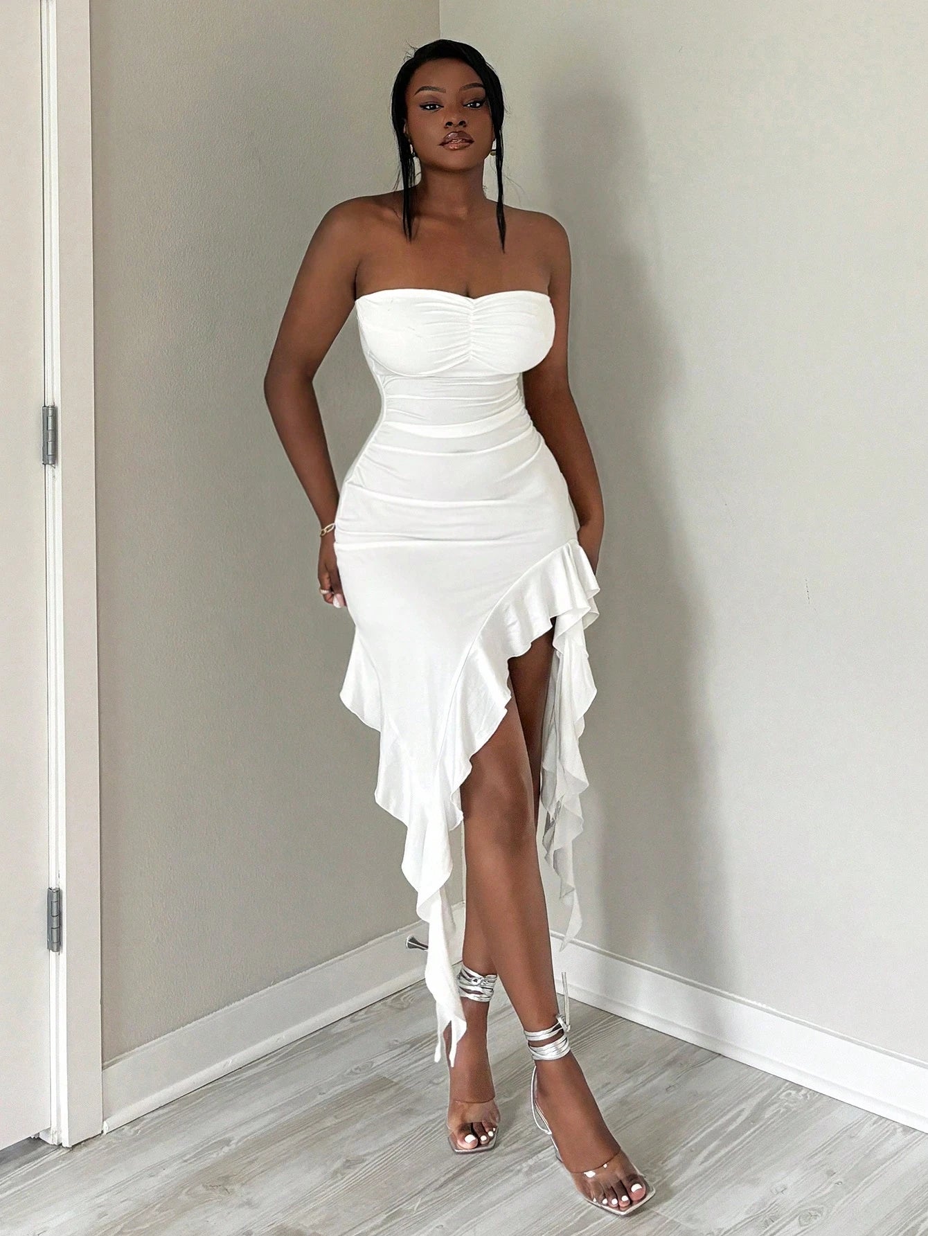 SXY Elegant White Summer Dress,Simple Solid Color Tube Ruffle Hem Design,Suitable For Party,Date Night,Birthday,Graduation,Vacation,Beach & Daily Wear
