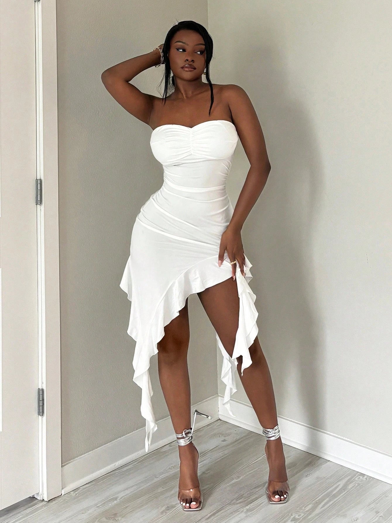 SXY Elegant White Summer Dress,Simple Solid Color Tube Ruffle Hem Design,Suitable For Party,Date Night,Birthday,Graduation,Vacation,Beach & Daily Wear