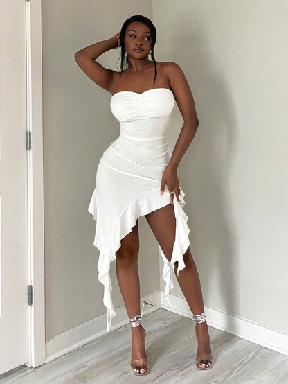 SXY Elegant White Summer Dress,Simple Solid Color Tube Ruffle Hem Design,Suitable For Party,Date Night,Birthday,Graduation,Vacation,Beach & Daily Wear