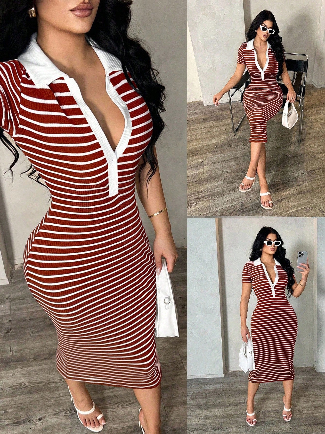 SXY Women's Casual Striped Short Sleeve Polo Dress, Knitted Bodycon Mid-Length Dress, French Elegant Dress,Casual Dresses For Women