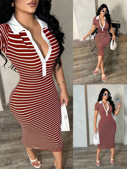 SXY Women's Casual Striped Short Sleeve Polo Dress, Knitted Bodycon Mid-Length Dress, French Elegant Dress,Casual Dresses For Women