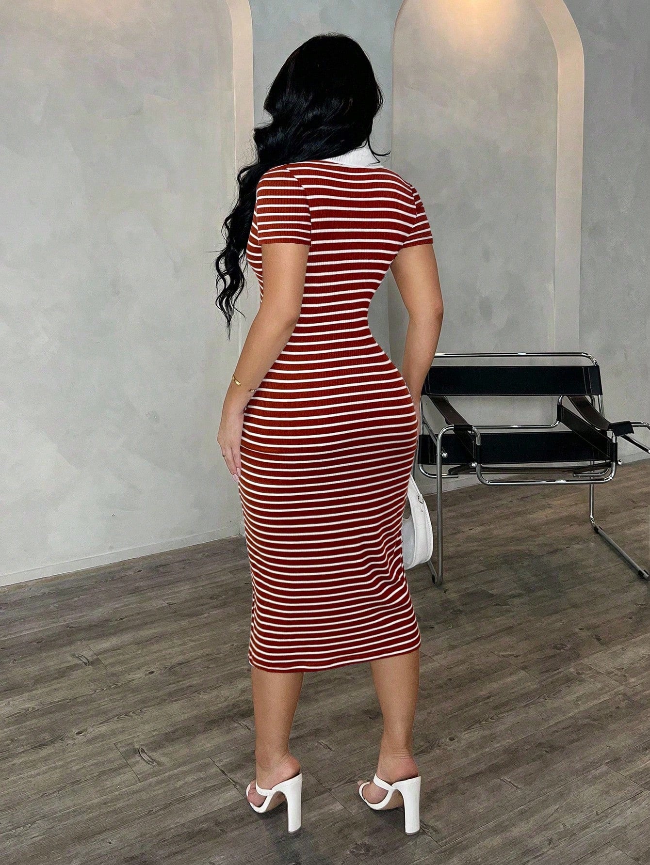 SXY Women's Casual Striped Short Sleeve Polo Dress, Knitted Bodycon Mid-Length Dress, French Elegant Dress,Casual Dresses For Women