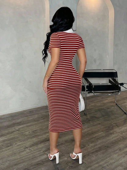 SXY Women's Casual Striped Short Sleeve Polo Dress, Knitted Bodycon Mid-Length Dress, French Elegant Dress,Casual Dresses For Women