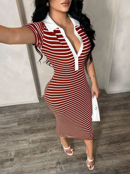 SXY Women's Casual Striped Short Sleeve Polo Dress, Knitted Bodycon Mid-Length Dress, French Elegant Dress,Casual Dresses For Women
