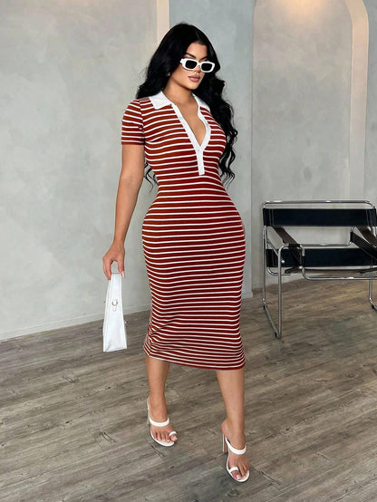 SXY Women's Casual Striped Short Sleeve Polo Dress, Knitted Bodycon Mid-Length Dress, French Elegant Dress,Casual Dresses For Women