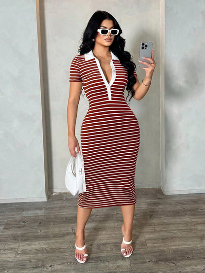 SXY Women's Casual Striped Short Sleeve Polo Dress, Knitted Bodycon Mid-Length Dress, French Elegant Dress,Casual Dresses For Women
